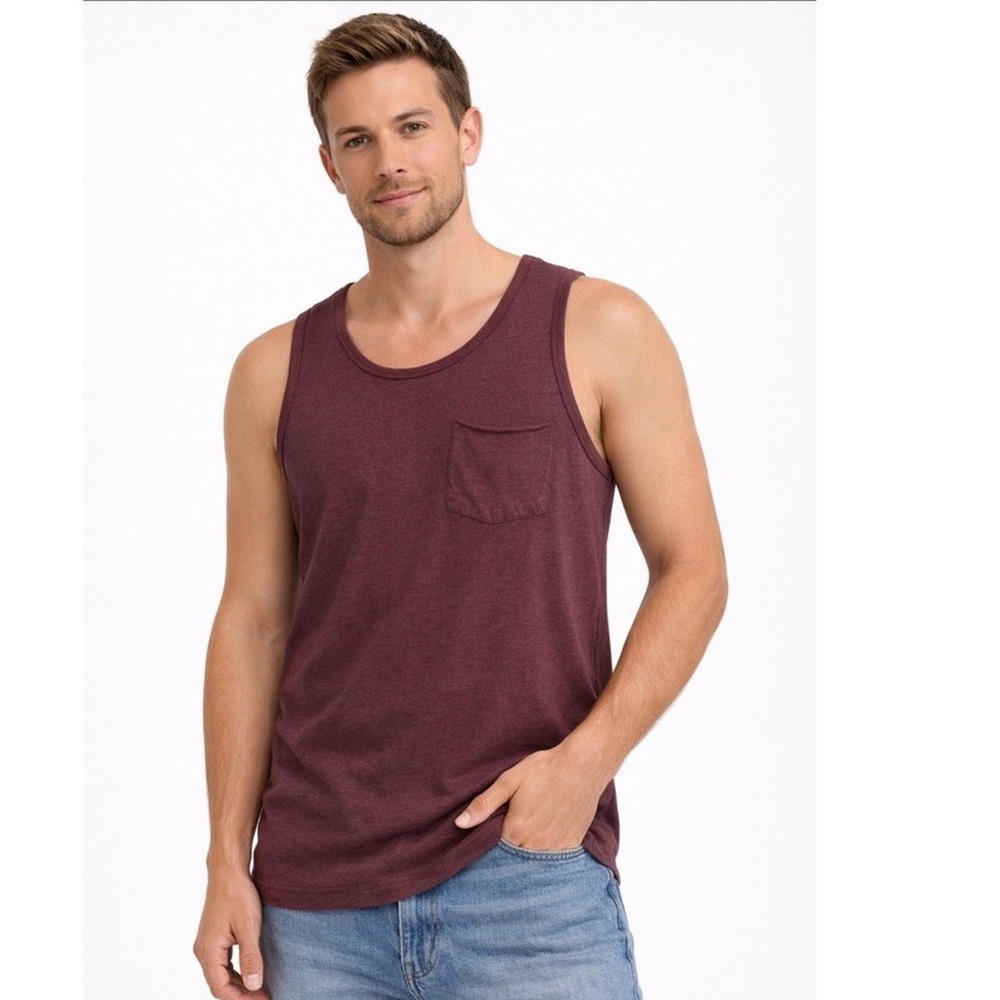 Pull &‎ Bear Tank Mens Small Burgundy Heathered Pocket Top Athletic Sleeveless